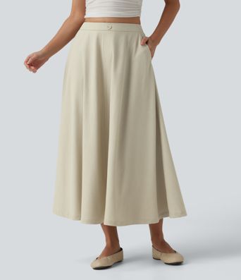 High Waisted Flowy Midi Denim Like Casual A-line Skirt with Pockets