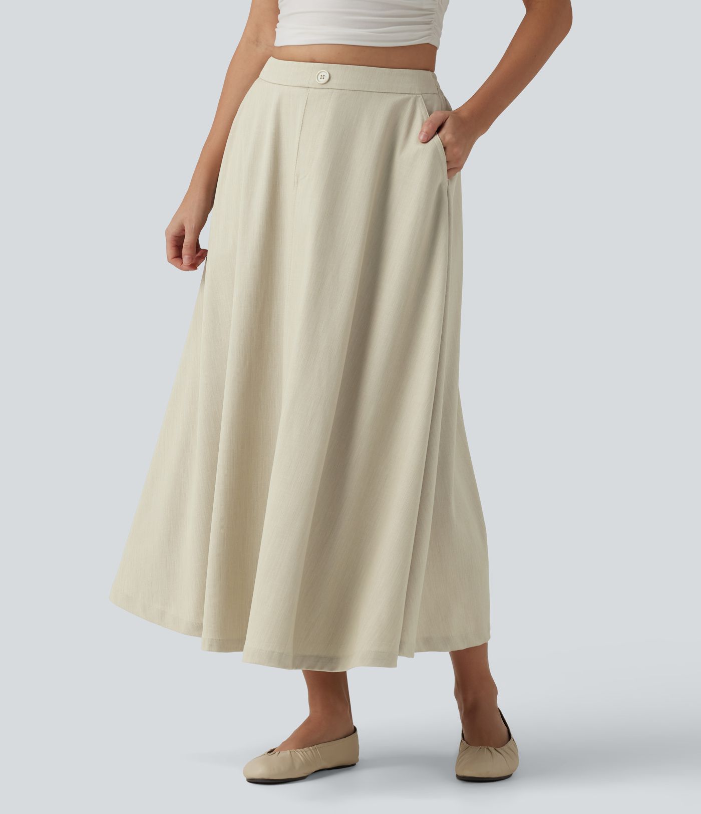 High Waisted Flowy Midi Denim Like Casual A-line Skirt with Pockets
