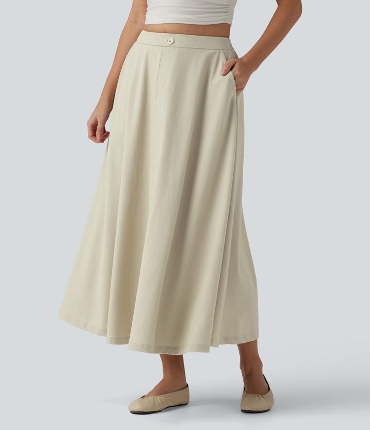 High Waisted Flowy Midi Denim Like Casual A-line Skirt with Pockets