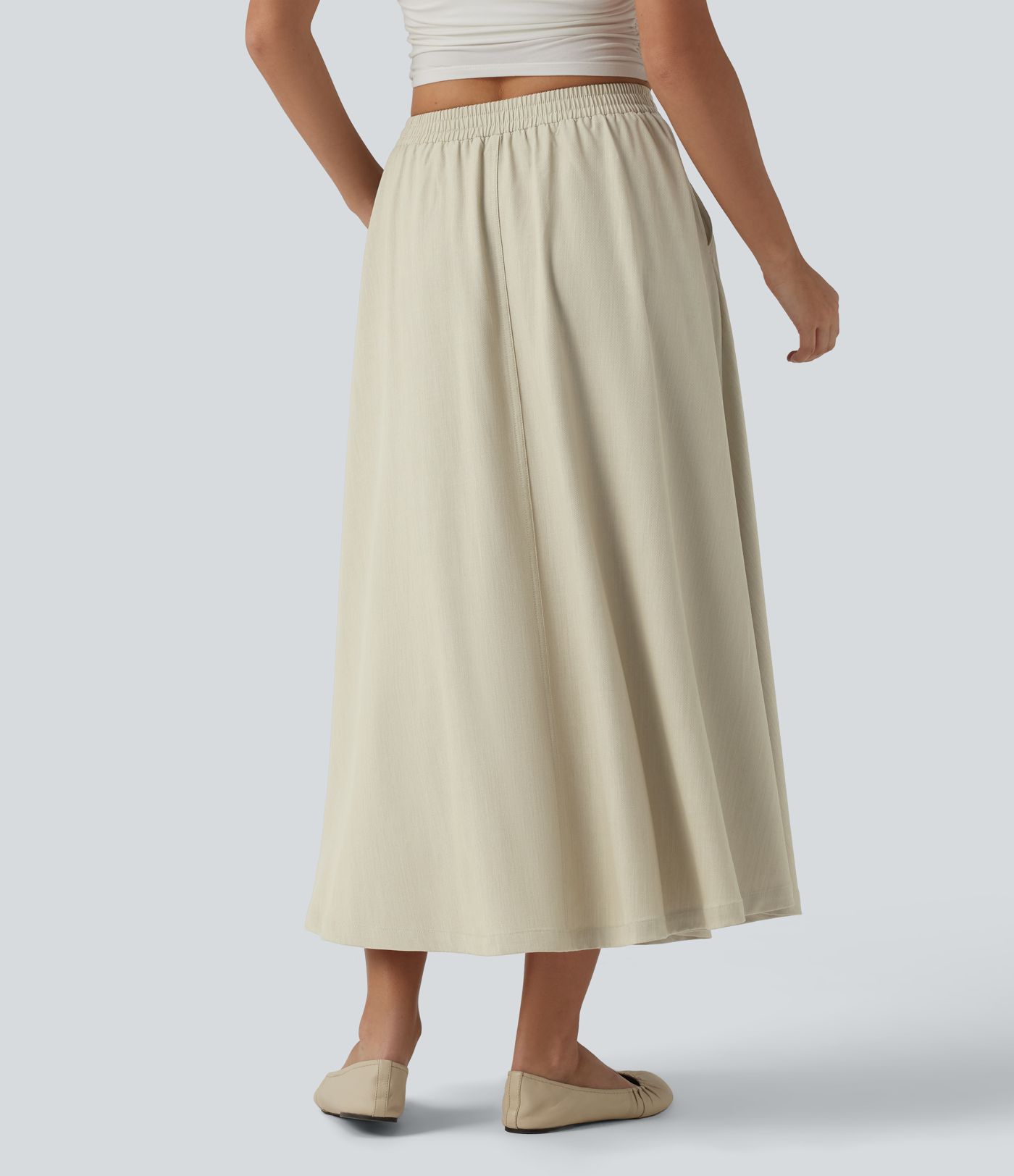 High Waisted Flowy Midi Denim Like Casual A-line Skirt with Pockets