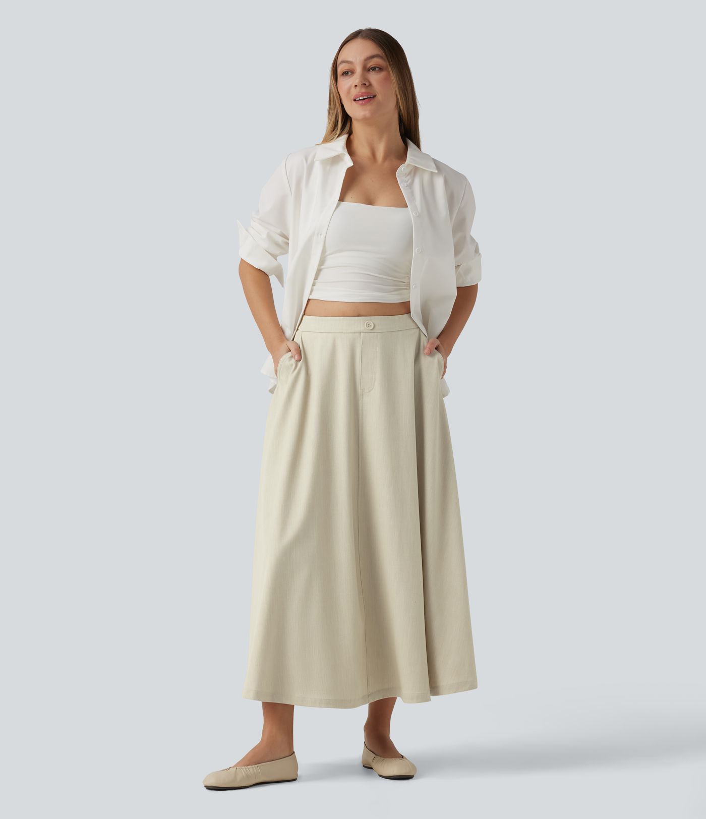 High Waisted Flowy Midi Denim Like Casual A-line Skirt with Pockets