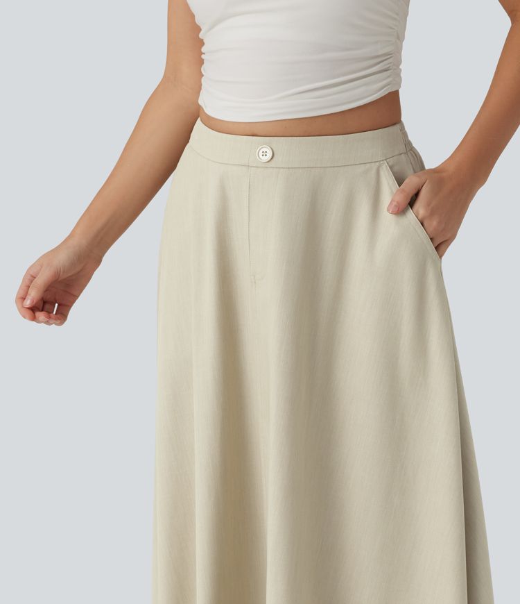 High Waisted Flowy Midi Denim Like Casual A-line Skirt with Pockets