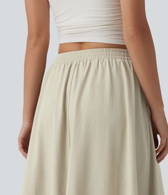 High Waisted Flowy Midi Denim Like Casual A-line Skirt with Pockets