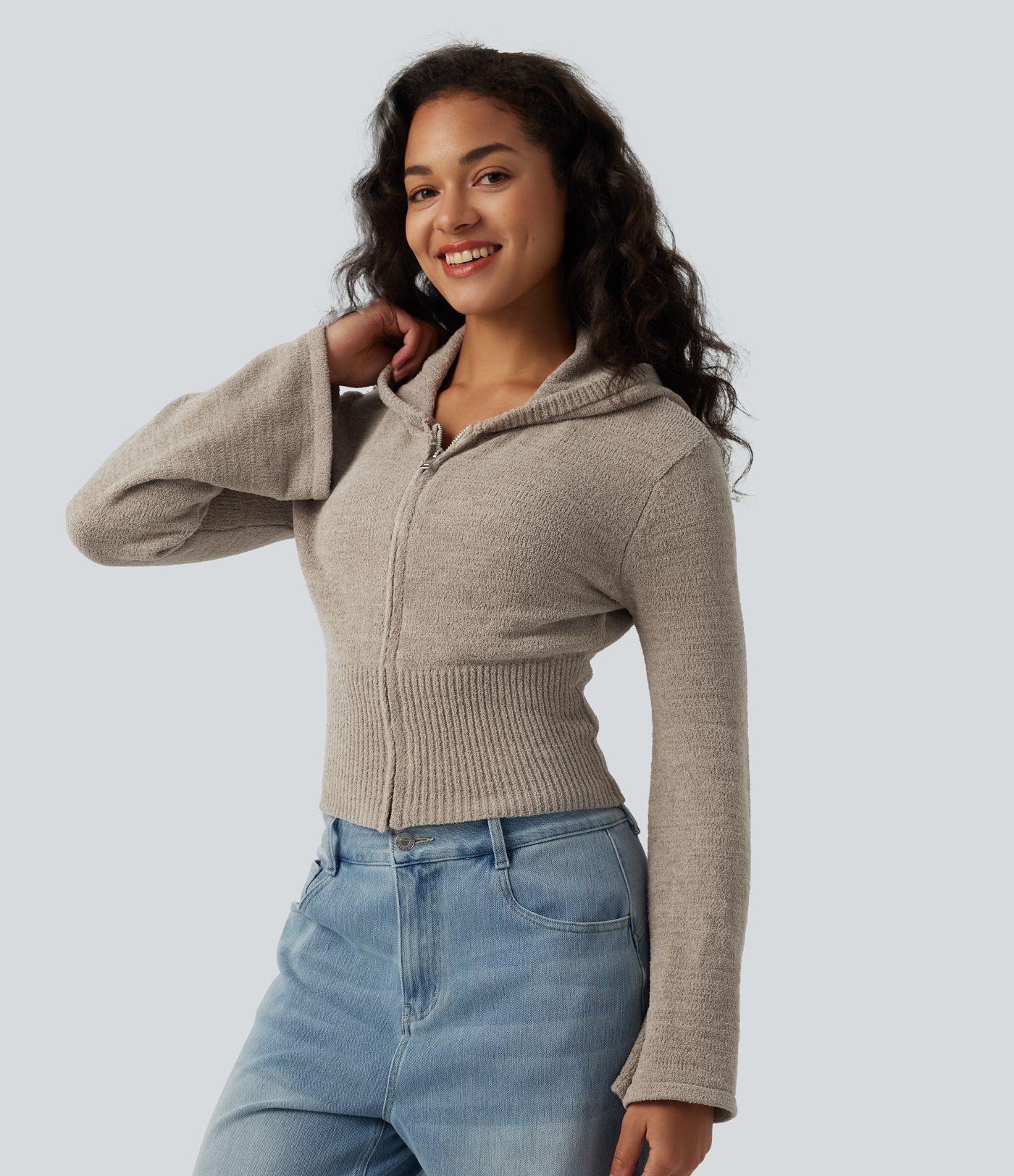 Hooded Flounce Sleeve Zip Fly Casual Cardigan