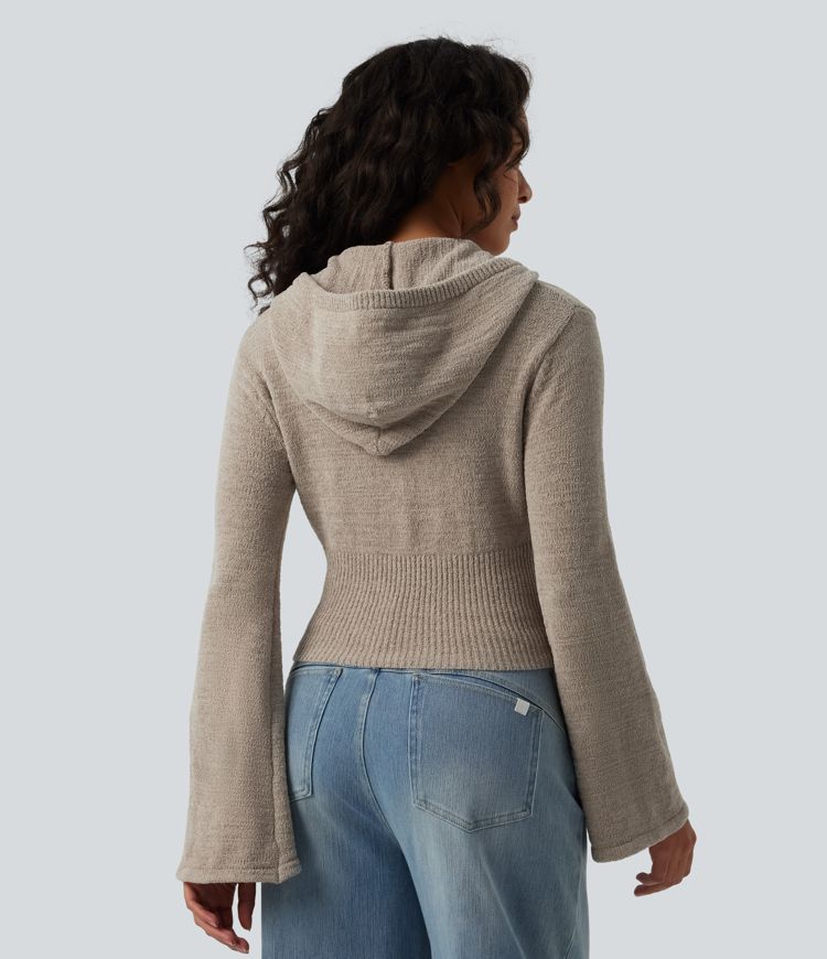 Hooded Flounce Sleeve Zip Fly Casual Cardigan