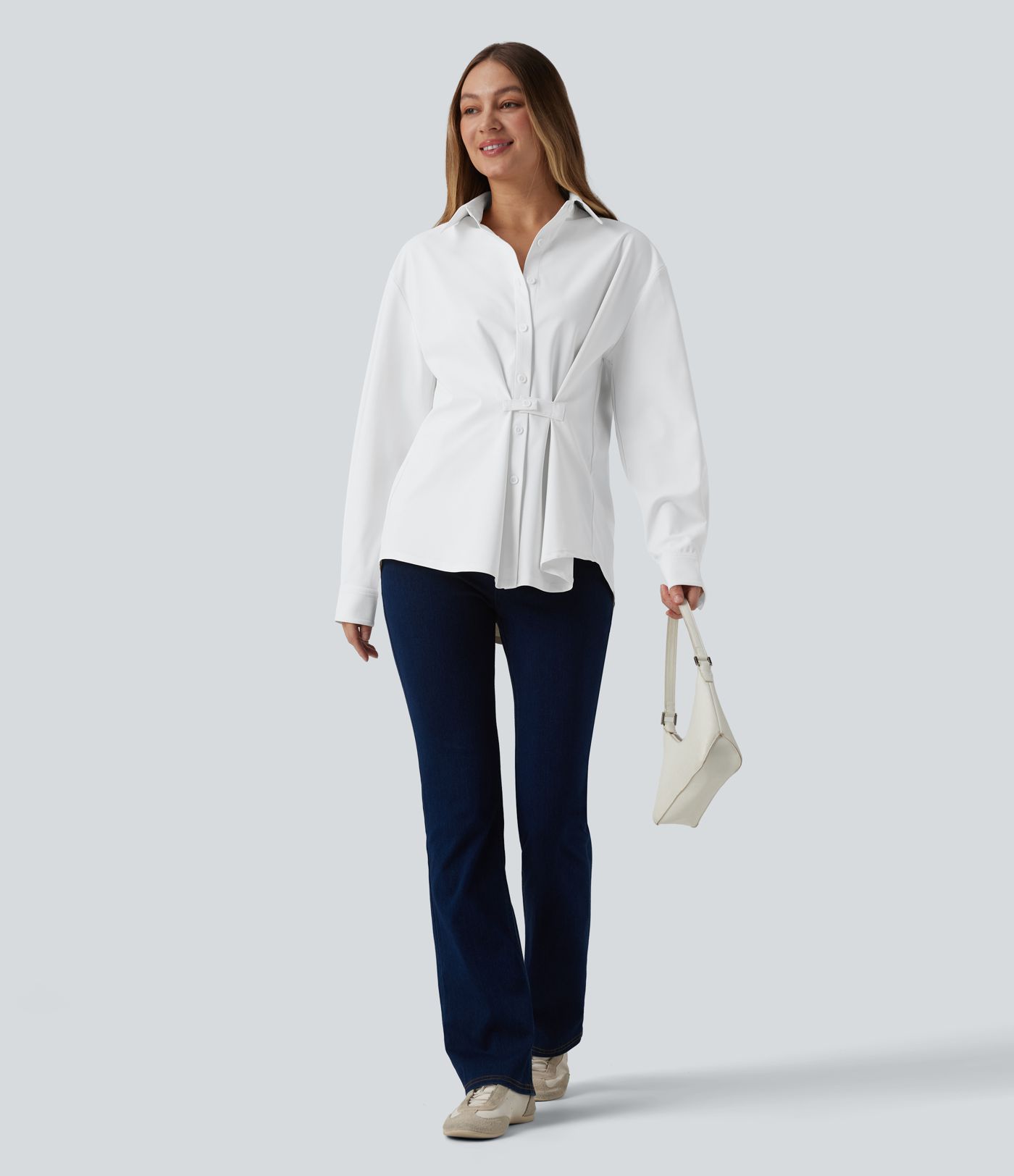 Collared Long Sleeve Pleated Back Curved Hem Wrinkle-resistant Quick Dry Casual Shirt