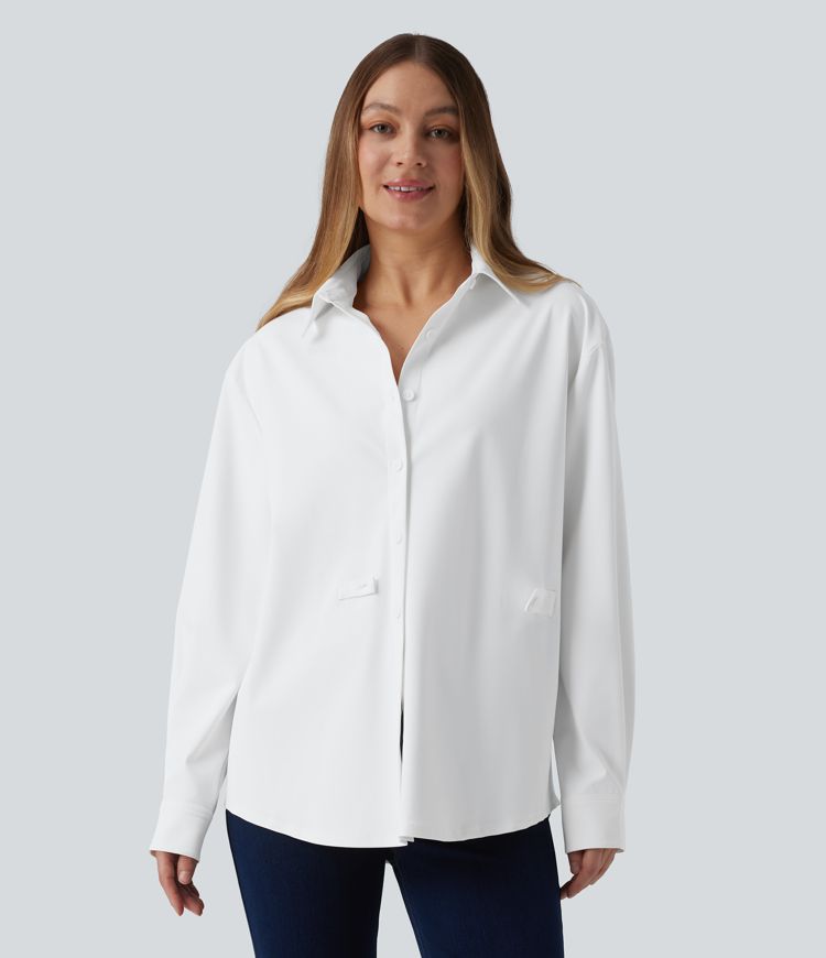 Collared Long Sleeve Pleated Back Curved Hem Wrinkle-resistant Quick Dry Casual Shirt