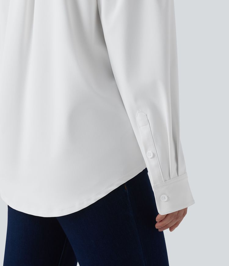 Collared Long Sleeve Pleated Back Curved Hem Wrinkle-resistant Quick Dry Casual Shirt