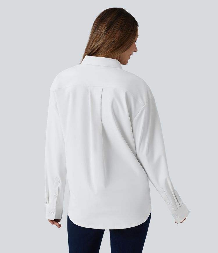 Collared Long Sleeve Pleated Back Curved Hem Wrinkle-resistant Quick Dry Casual Shirt
