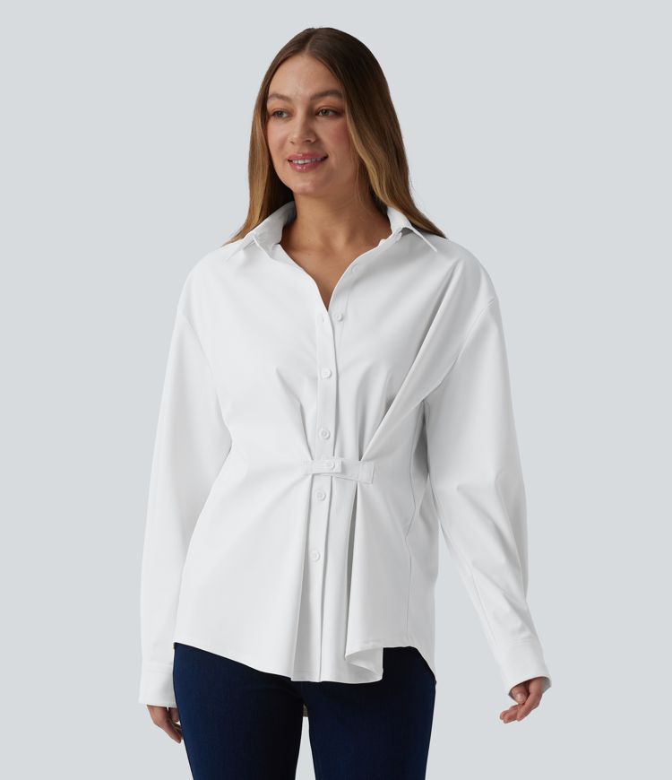 Collared Long Sleeve Pleated Back Curved Hem Wrinkle-resistant Quick Dry Casual Shirt