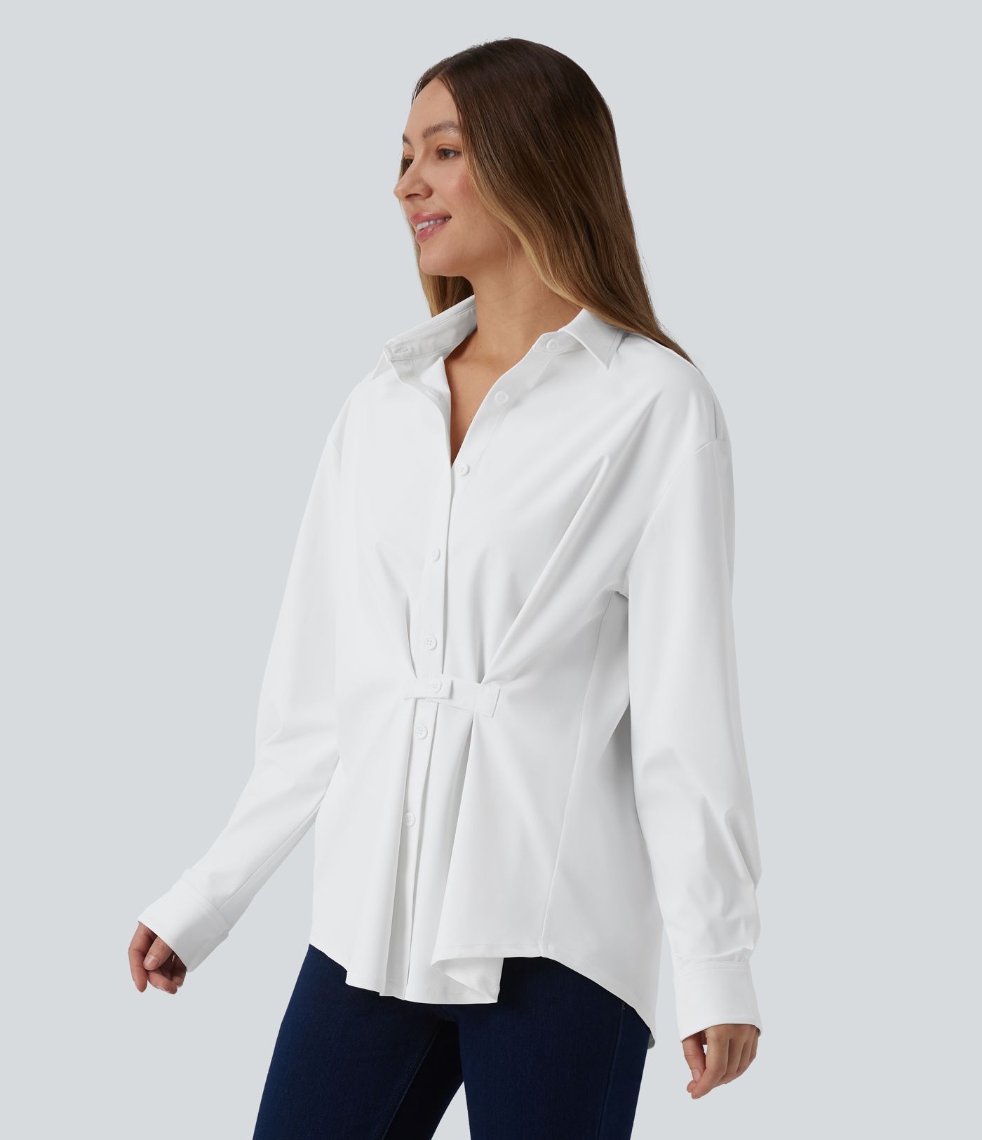 Collared Long Sleeve Pleated Back Curved Hem Wrinkle-resistant Quick Dry Casual Shirt