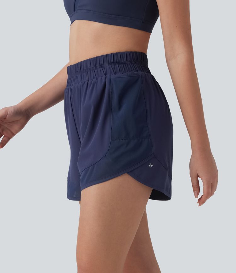 Breezeful™ High Waisted Curved Hem Contrast Mesh Quick Dry Baggy Yoga Shorts 2.5'' with Pockets