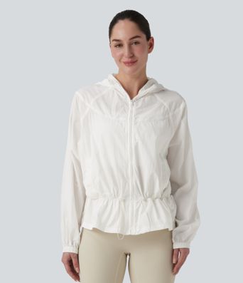 Hooded Drawstring Casual Windbreaker Jacket with Pockets