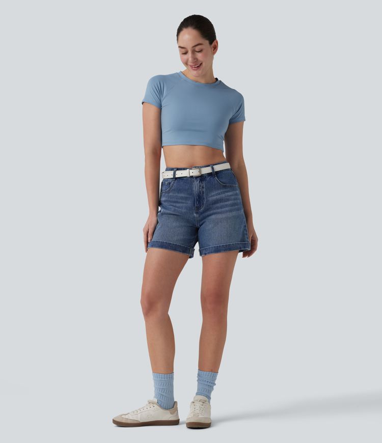 Halara Flex™ Mid Rise Rolled Hem Denim Casual Shorts 5'' with Pockets