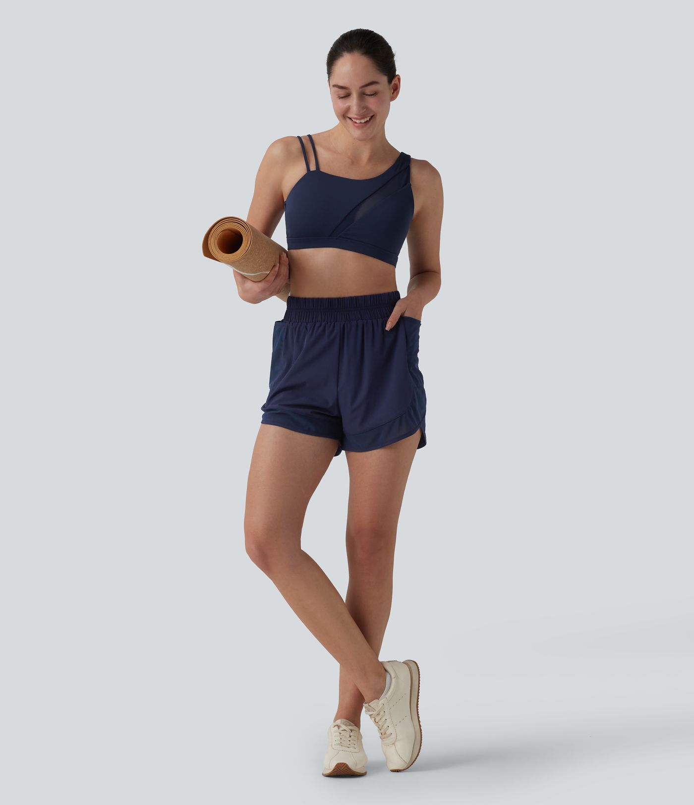 Breezeful™ High Waisted Curved Hem Contrast Mesh Quick Dry Baggy Yoga Shorts 2.5'' with Pockets