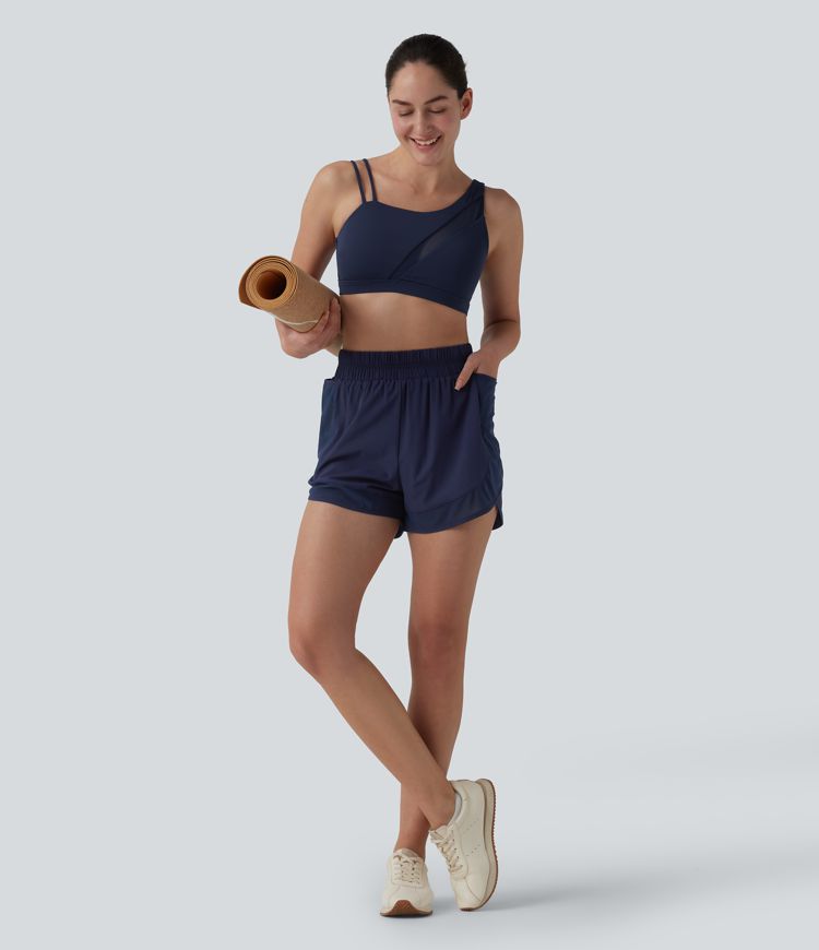 Breezeful™ High Waisted Curved Hem Contrast Mesh Quick Dry Baggy Yoga Shorts 2.5'' with Pockets