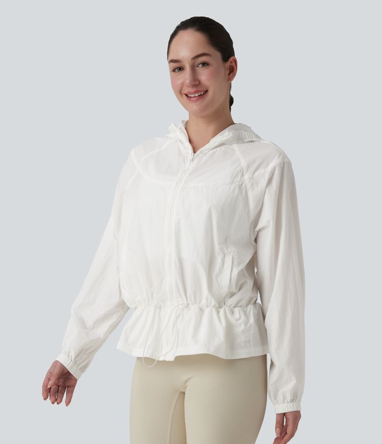 Hooded Drawstring Casual Windbreaker Jacket with Pockets