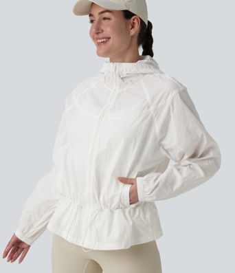 Hooded Drawstring Casual Windbreaker Jacket with Pockets