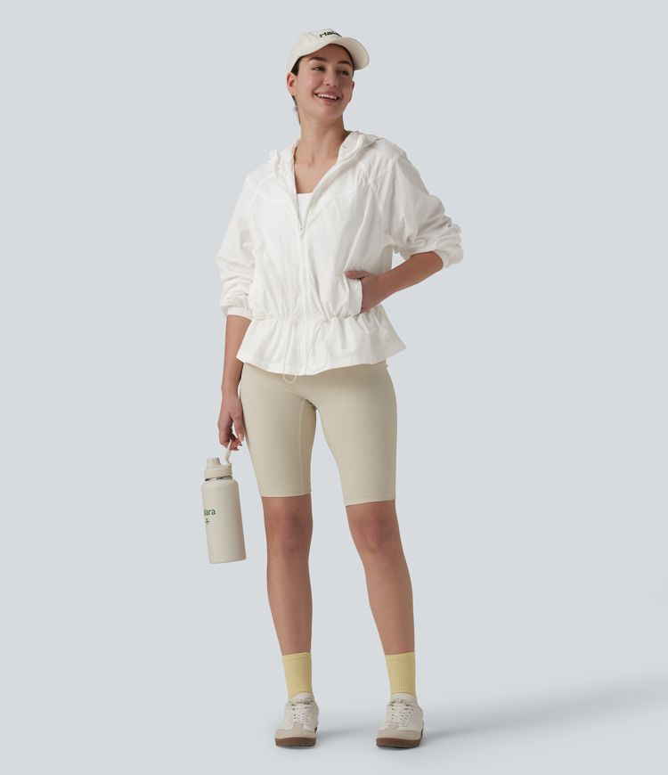 Hooded Drawstring Casual Windbreaker Jacket with Pockets