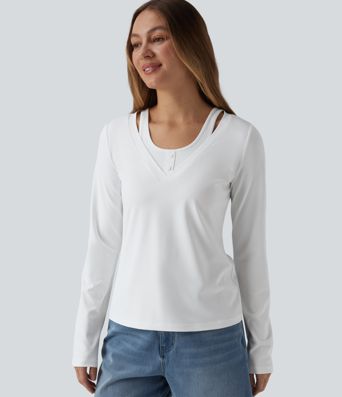 V Neck Long Sleeve 2-in-1 Casual T-Shirt