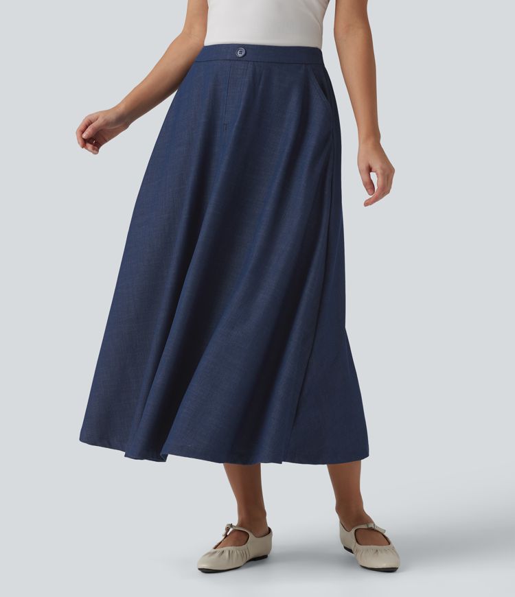High Waisted Flowy Midi Denim Like Casual A-line Skirt with Pockets