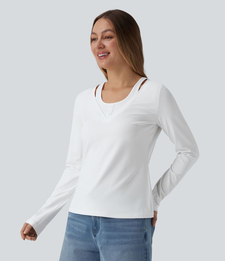 V Neck Long Sleeve 2-in-1 Casual T-Shirt