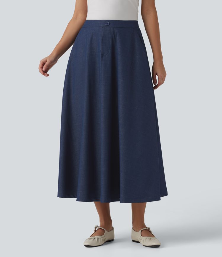 High Waisted Flowy Midi Denim Like Casual A-line Skirt with Pockets