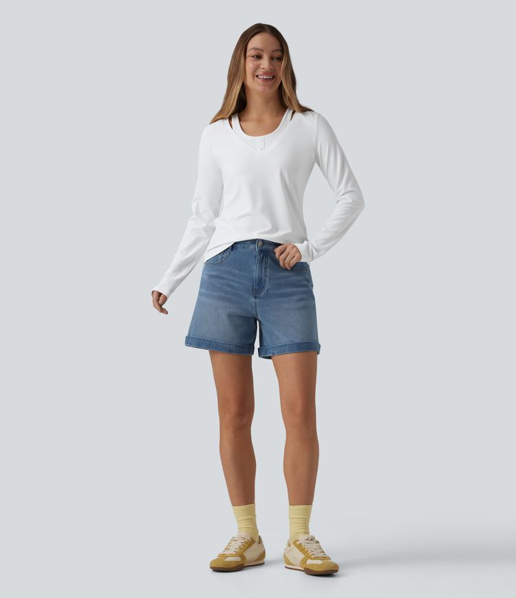 V Neck Long Sleeve 2-in-1 Casual T-Shirt