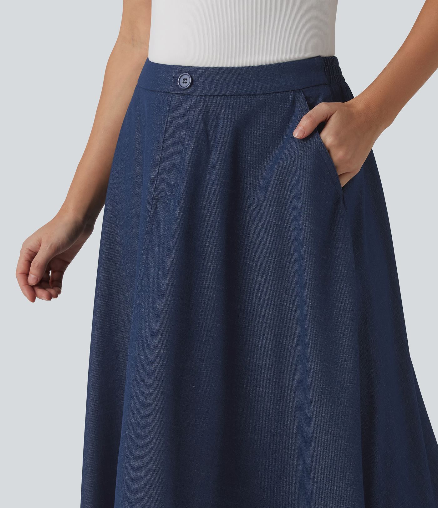 High Waisted Flowy Midi Denim Like Casual A-line Skirt with Pockets