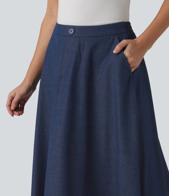 High Waisted Flowy Midi Denim Like Casual A-line Skirt with Pockets