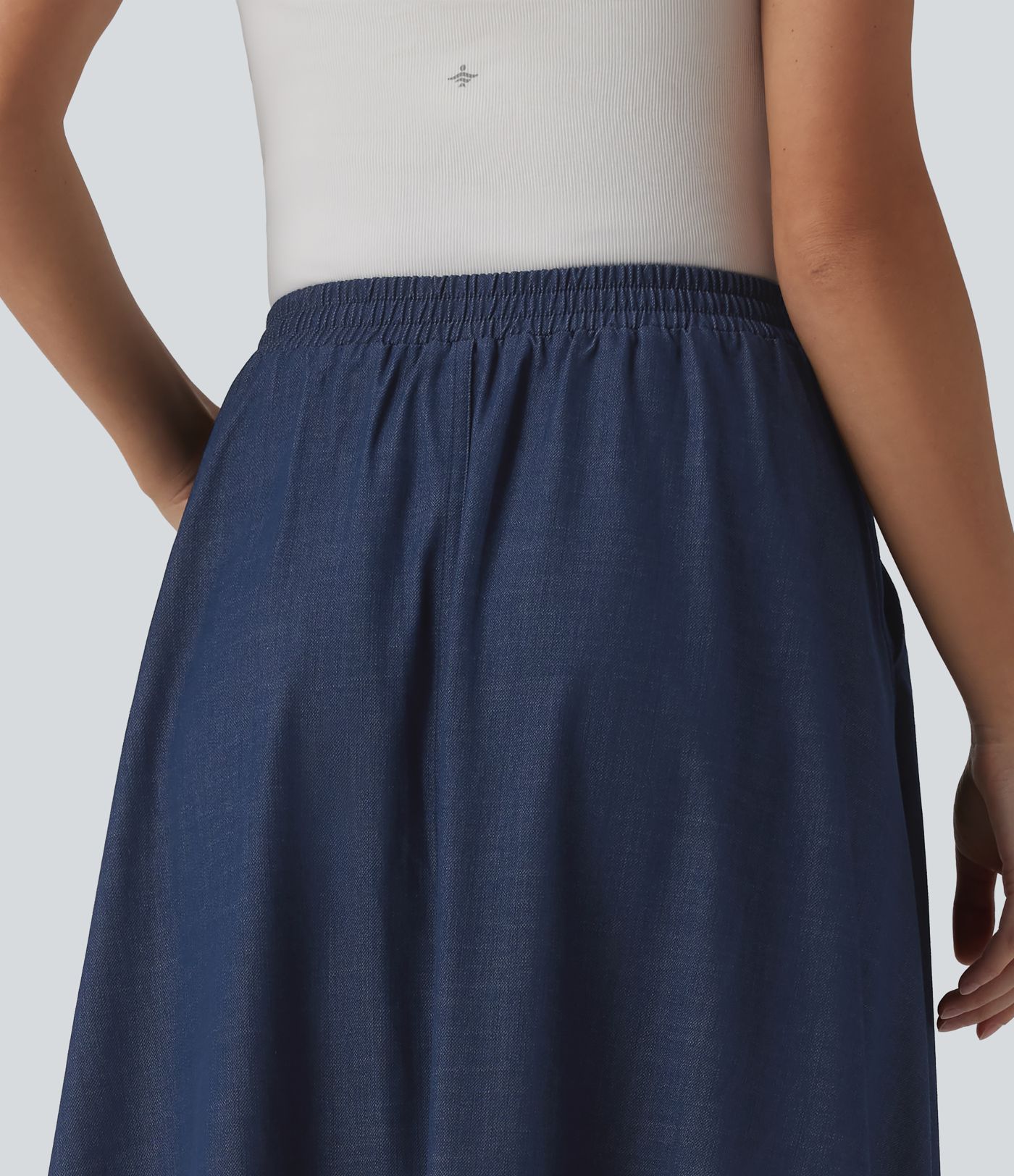 High Waisted Flowy Midi Denim Like Casual A-line Skirt with Pockets