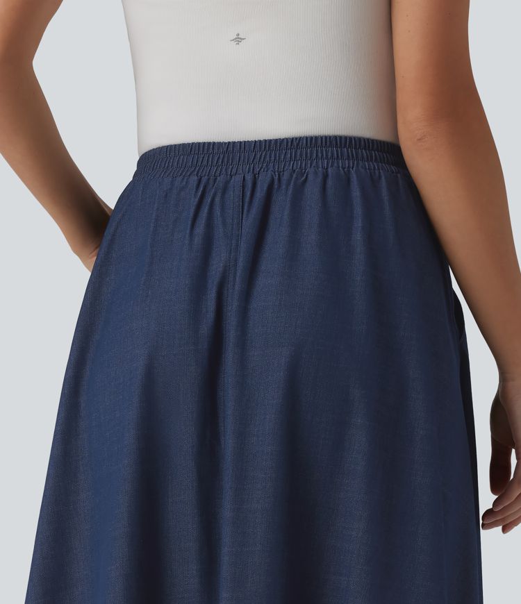 High Waisted Flowy Midi Denim Like Casual A-line Skirt with Pockets
