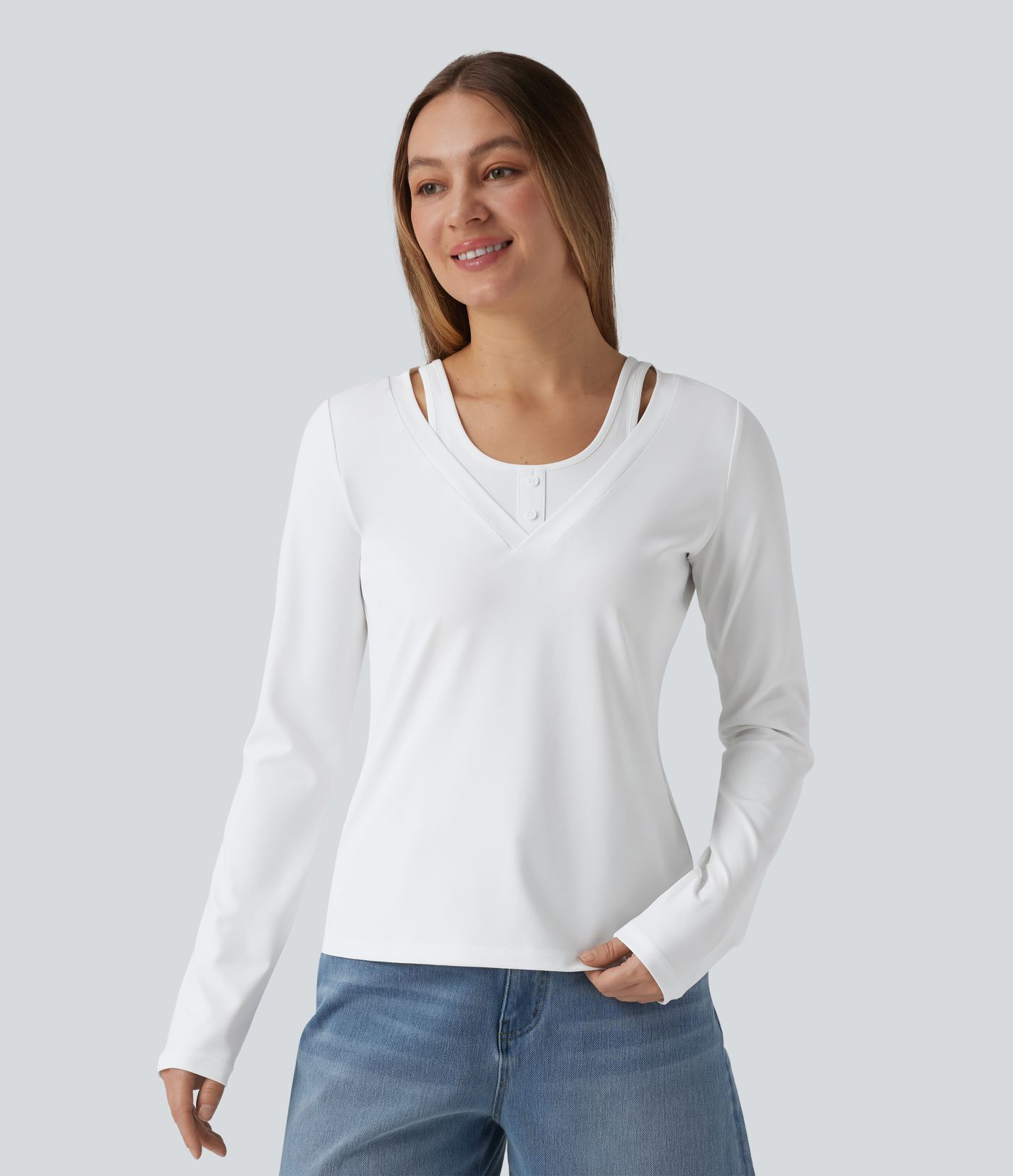 V Neck Long Sleeve 2-in-1 Casual T-Shirt