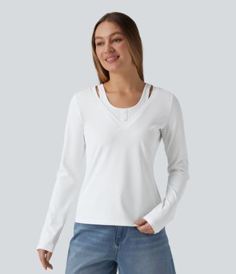 V Neck Long Sleeve 2-in-1 Casual T-Shirt