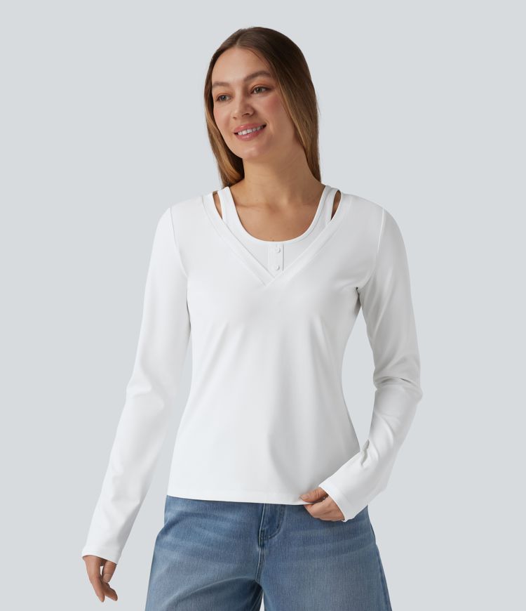 V Neck Long Sleeve 2-in-1 Casual T-Shirt