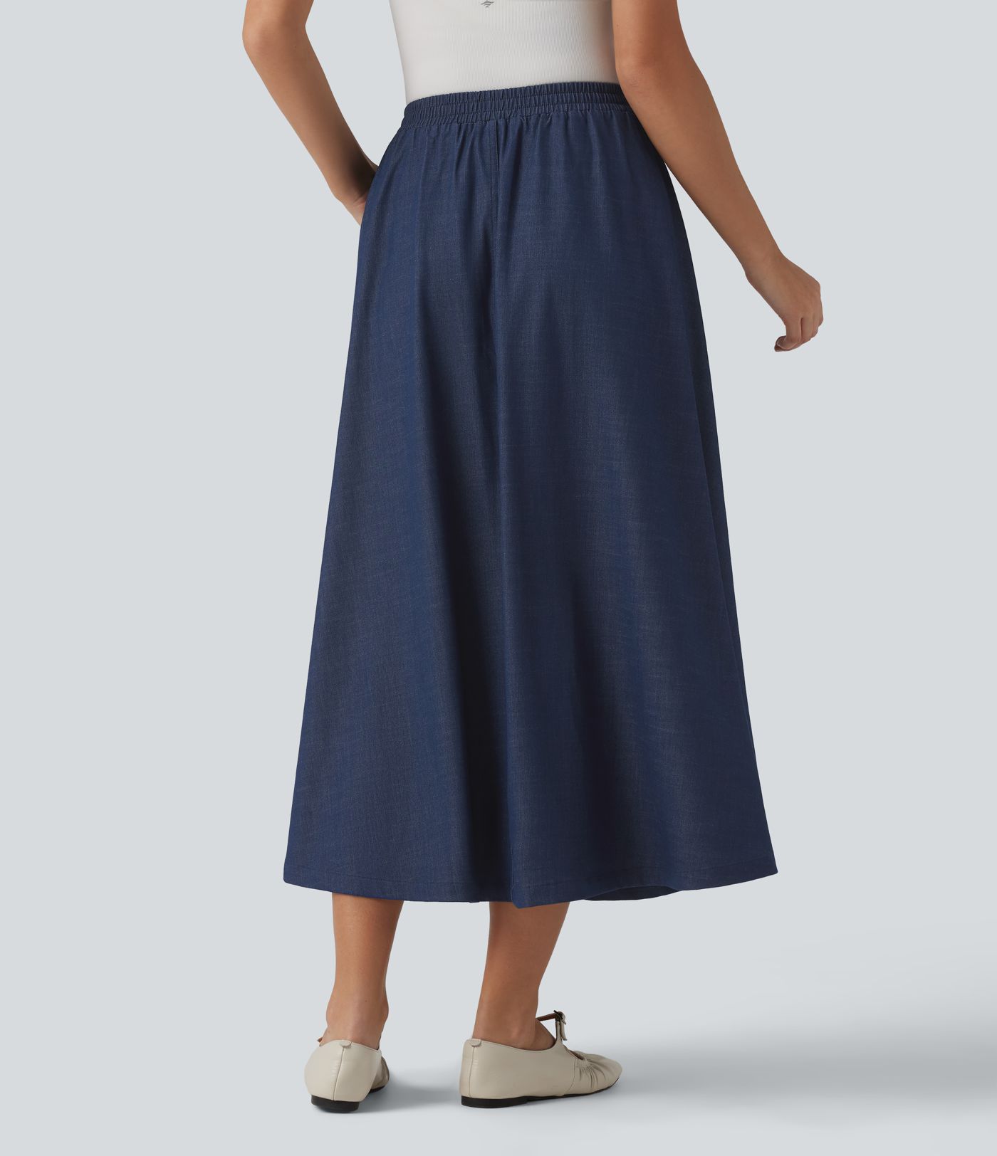 High Waisted Flowy Midi Denim Like Casual A-line Skirt with Pockets