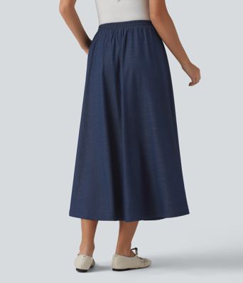 High Waisted Flowy Midi Denim Like Casual A-line Skirt with Pockets