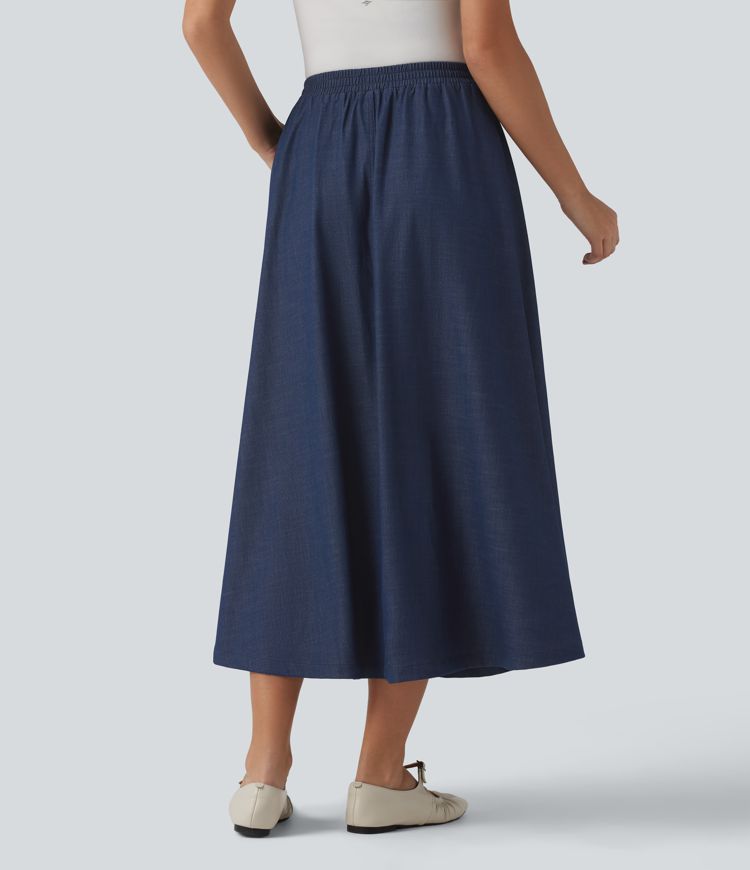 High Waisted Flowy Midi Denim Like Casual A-line Skirt with Pockets