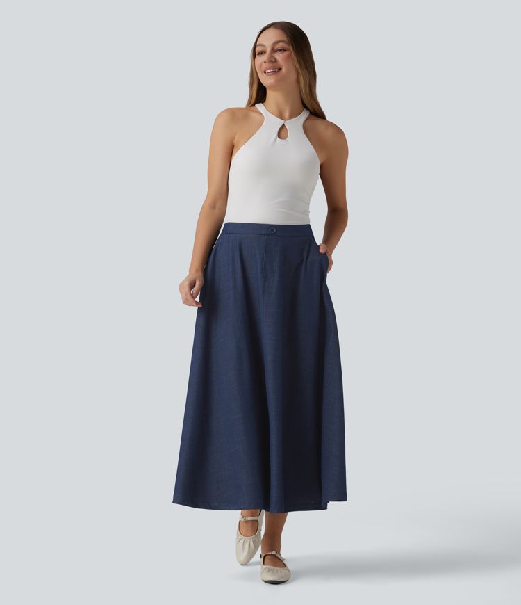 High Waisted Flowy Midi Denim Like Casual A-line Skirt with Pockets