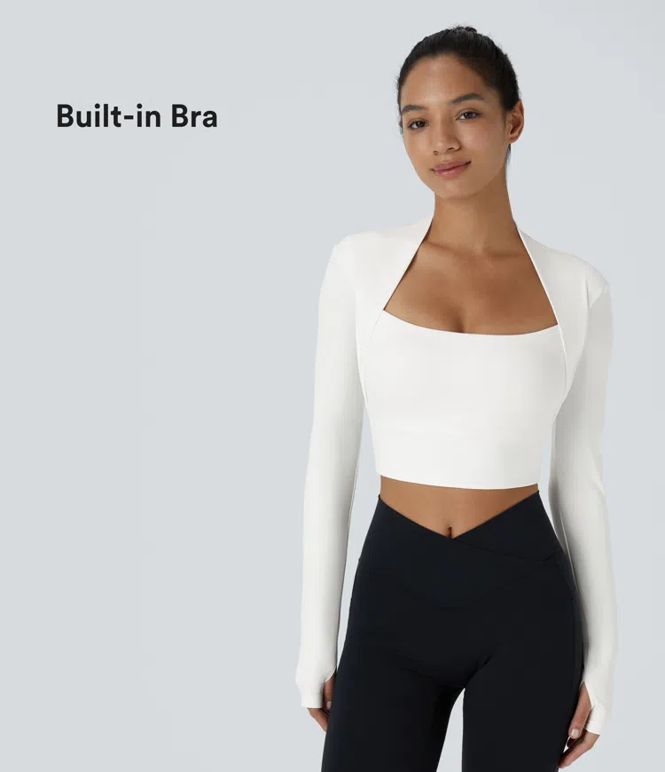 White SoftlyZero™ Plush Long Sleeve Thumb Hole 2-in-1 Cropped Yoga Sports Top / 1