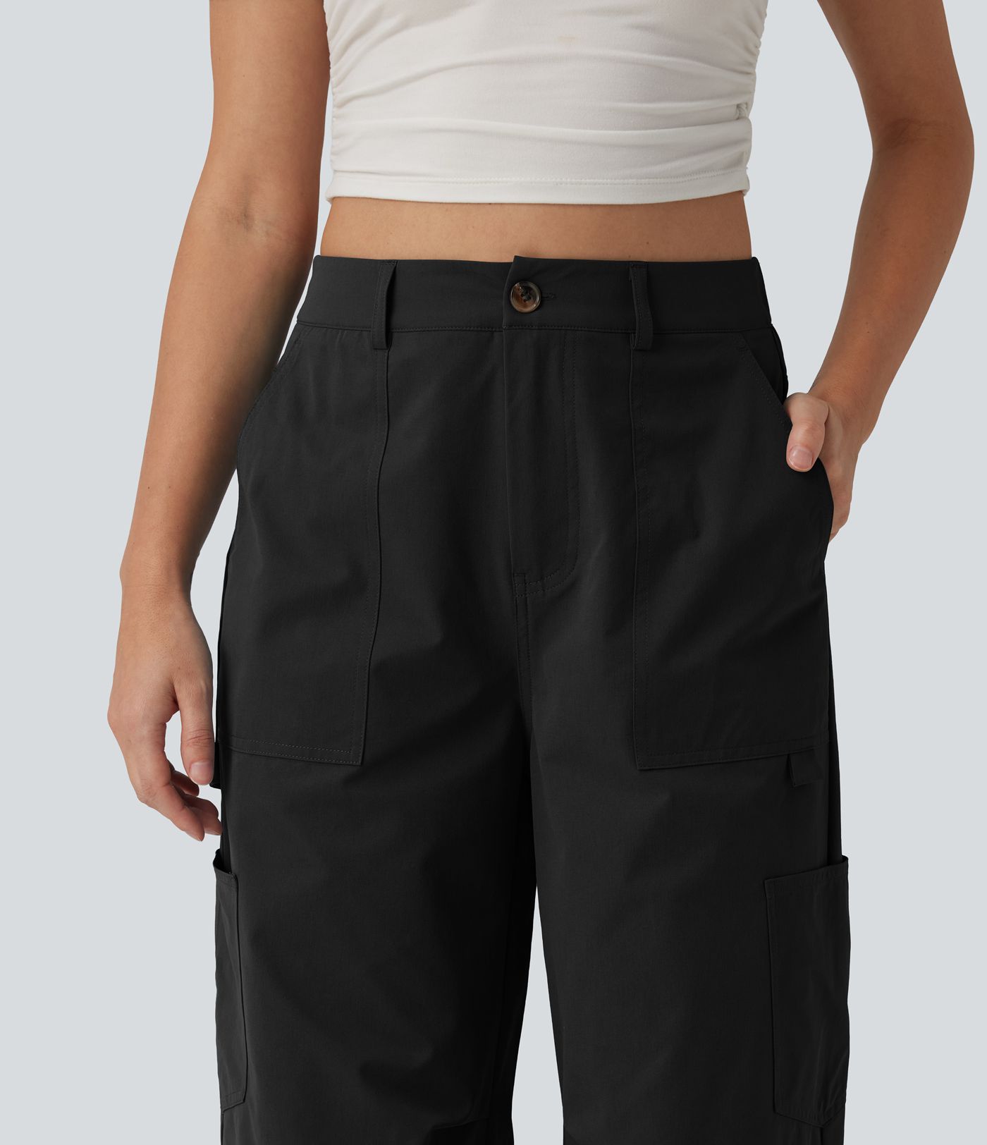 Pantalon cargo casual en popeline extensible coupe droite taille haute avec poches