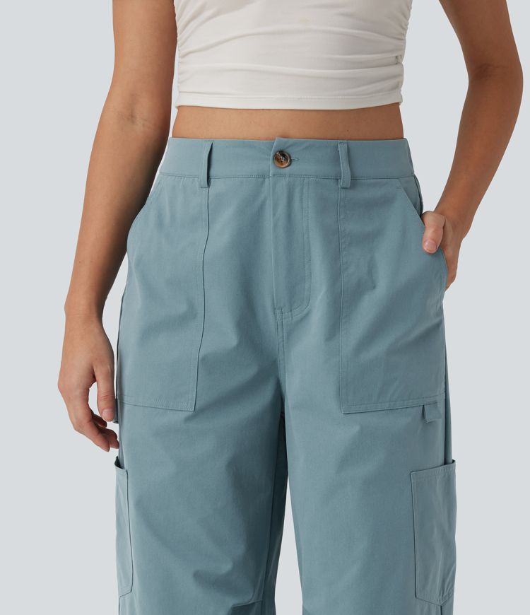 Cargo kalhoty z pružného popelínu s vysokým pasem, rovnými nohavicemi a kapsami