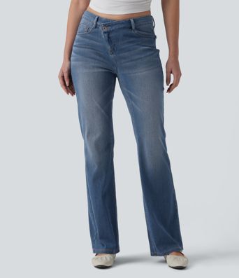 Halara Flex™ Asymmetric High Waisted Flare Casual Jeans with Pockets