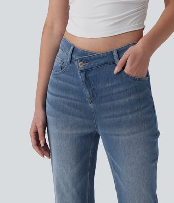 Halara Flex™ Asymmetric High Waisted Flare Casual Jeans with Pockets
