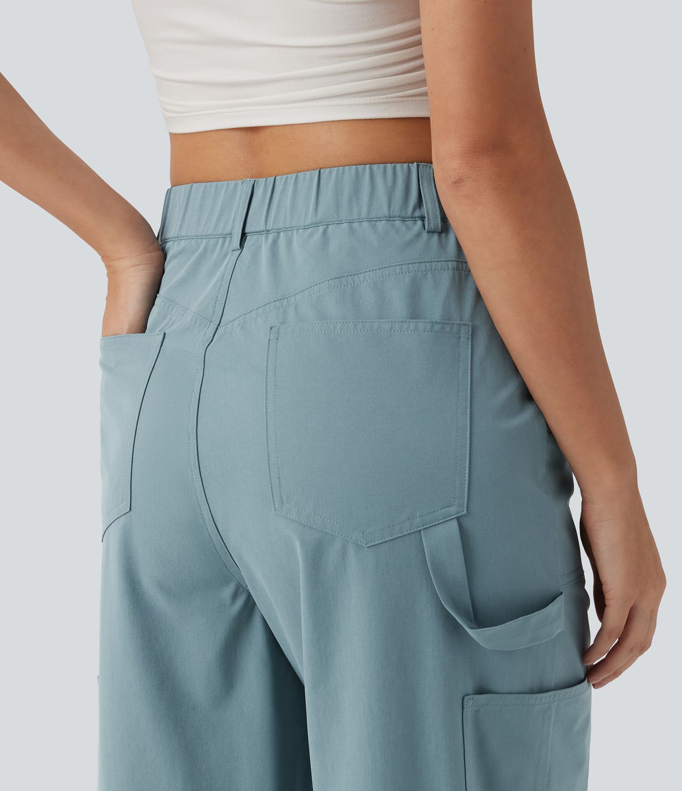 Cargo kalhoty z pružného popelínu s vysokým pasem, rovnými nohavicemi a kapsami
