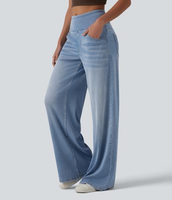 Halara Flex™ Mid Rise Draped Lyocell Washed Casual Baggy Wide Leg Jeans with Pockets