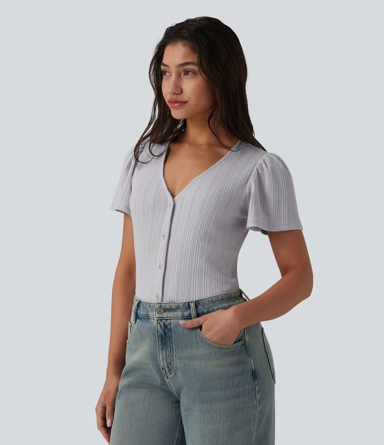 V Neck Short Sleeve Casual Top