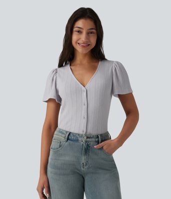 V Neck Short Sleeve Casual Top