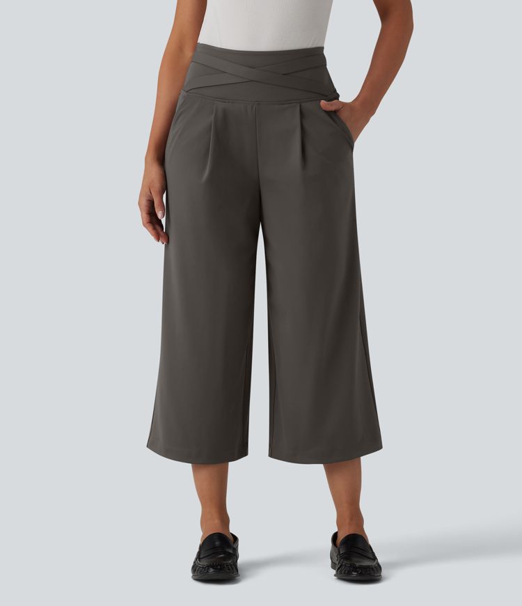Halara Flex™ DayStretch High Waisted Tummy Control Crossover Cropped Wide Leg Work Pants with Pockets