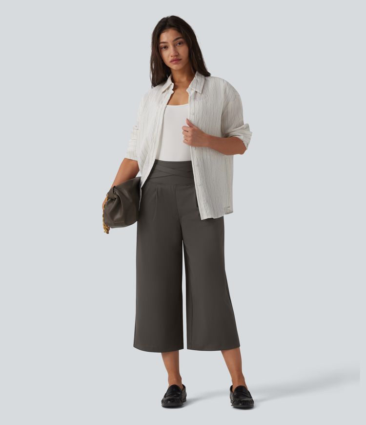 Halara Flex™ DayStretch High Waisted Tummy Control Crossover Cropped Wide Leg Work Pants with Pockets